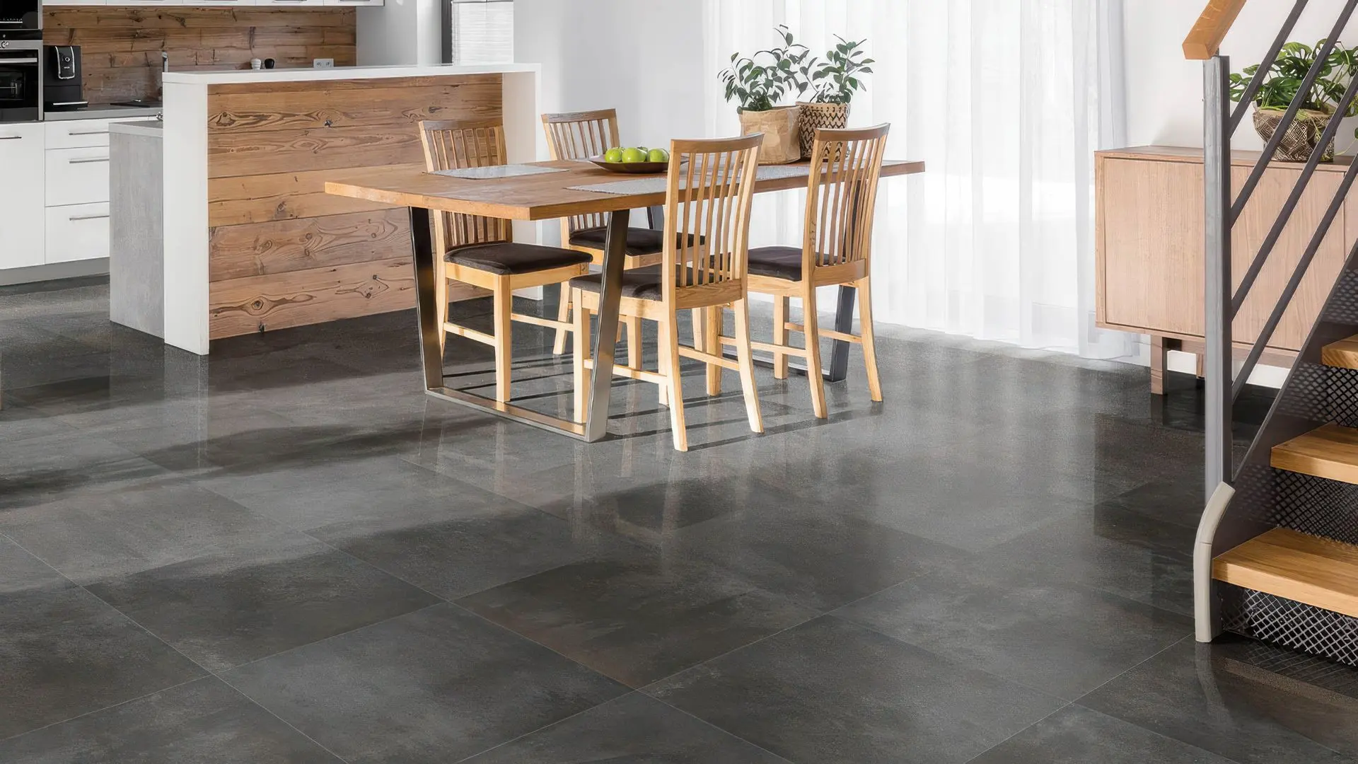 Conceptual rendering of metallic look porcelain tile in flooring
