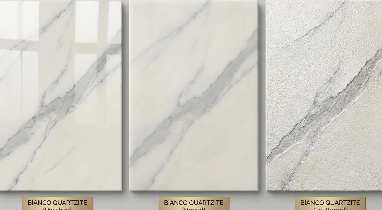 Conceptual rendering of honed, polished and leathered finish quartzite