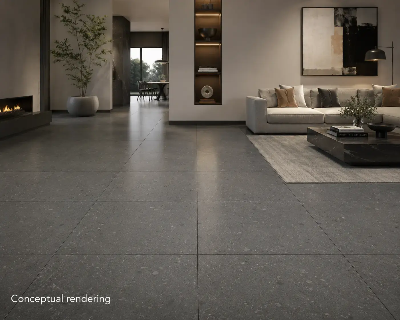 Conceptual rendering of living room featuring City sidewalk 24x24 cement look porcelain tile flooring in a modern interior