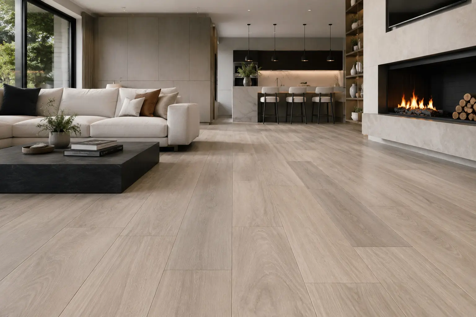 Conceptual rendering of porcelain tile in living room