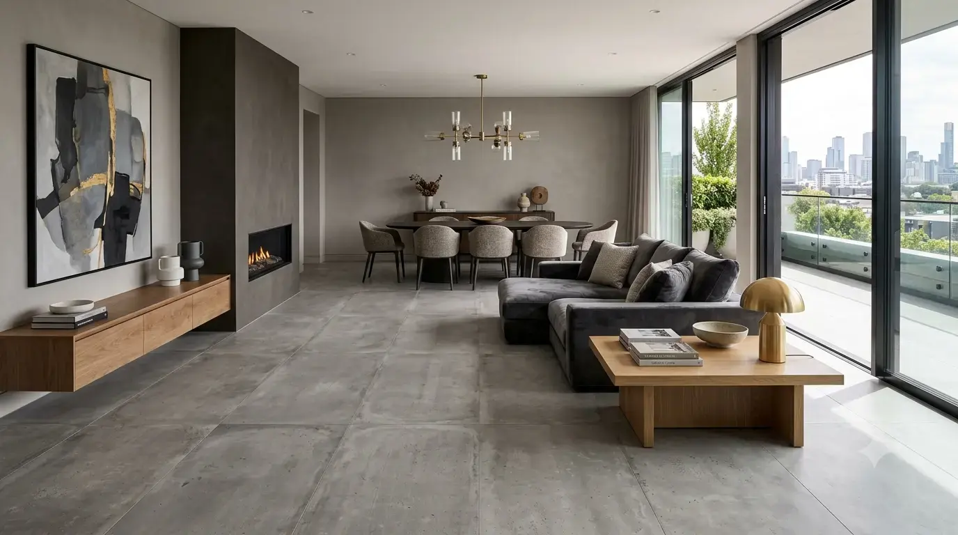 Conceptual rendering of concrete look porcelain tile in living room