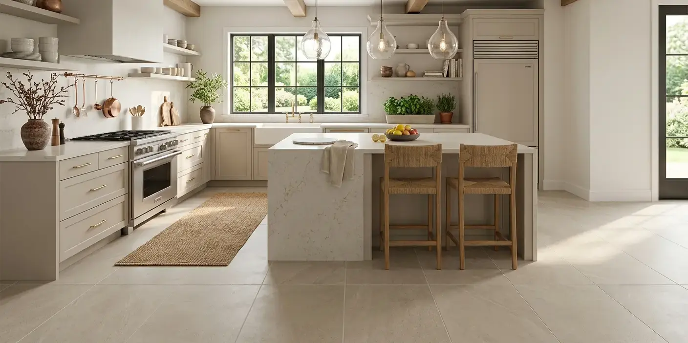 Conceptual rendering of matte porcelain floor tile in a warm greige kitchen