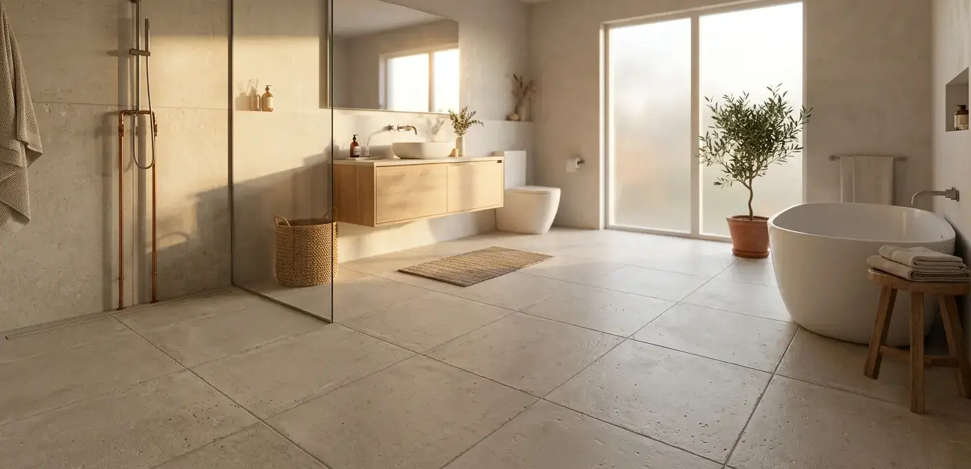 Conceptual rendering of matte porcelain floor tile in a bathroom setting