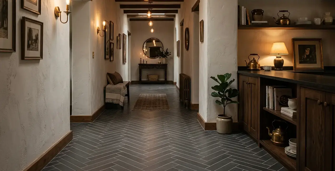 Conceptual rendering of matte porcelain floor tile in a herringbone hallway