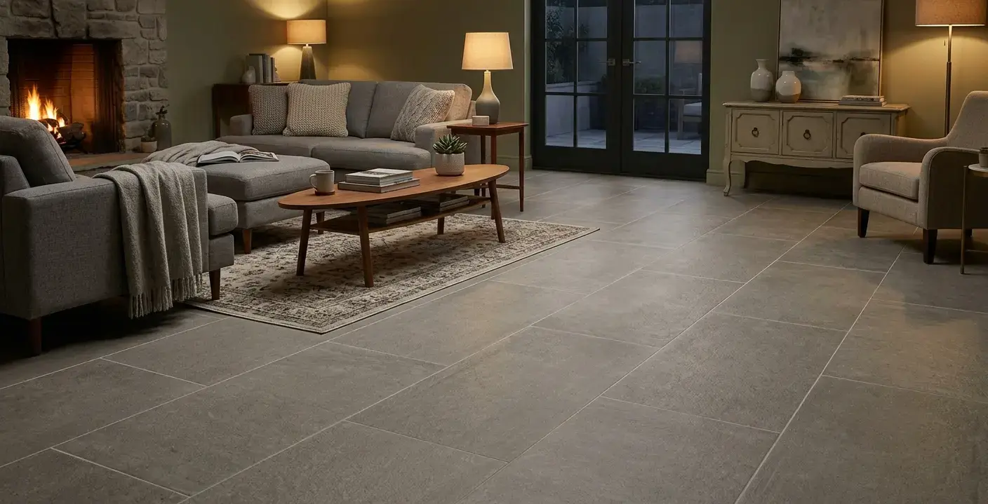 Conceptual rendering of matte porcelain floor tile laid in a living room