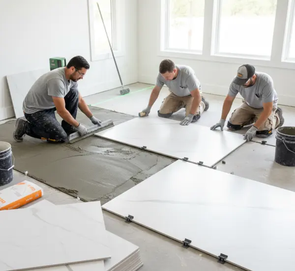 Professional installation of large-format white porcelain tile on a leveled floor