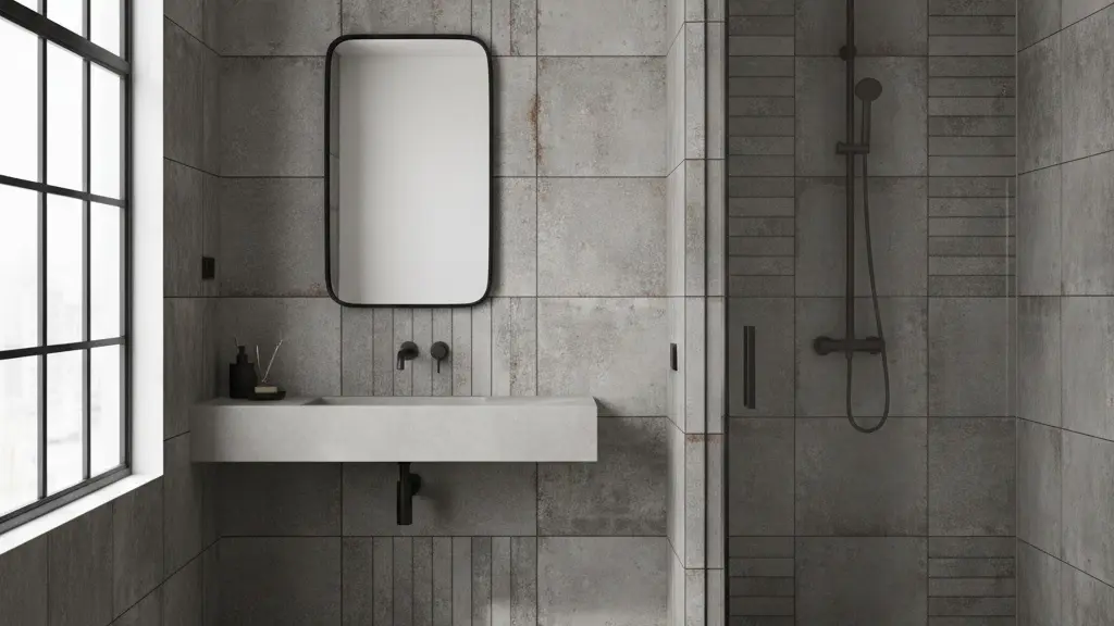 Industrial bathroom featuring a mix of large format and subway tile patterns