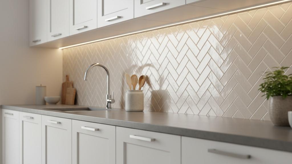 White kitchen with herringbone tile backsplash and under-cabinet lighting