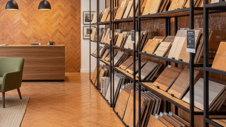 Tile showroom displaying subway tile samples in herringbone pattern