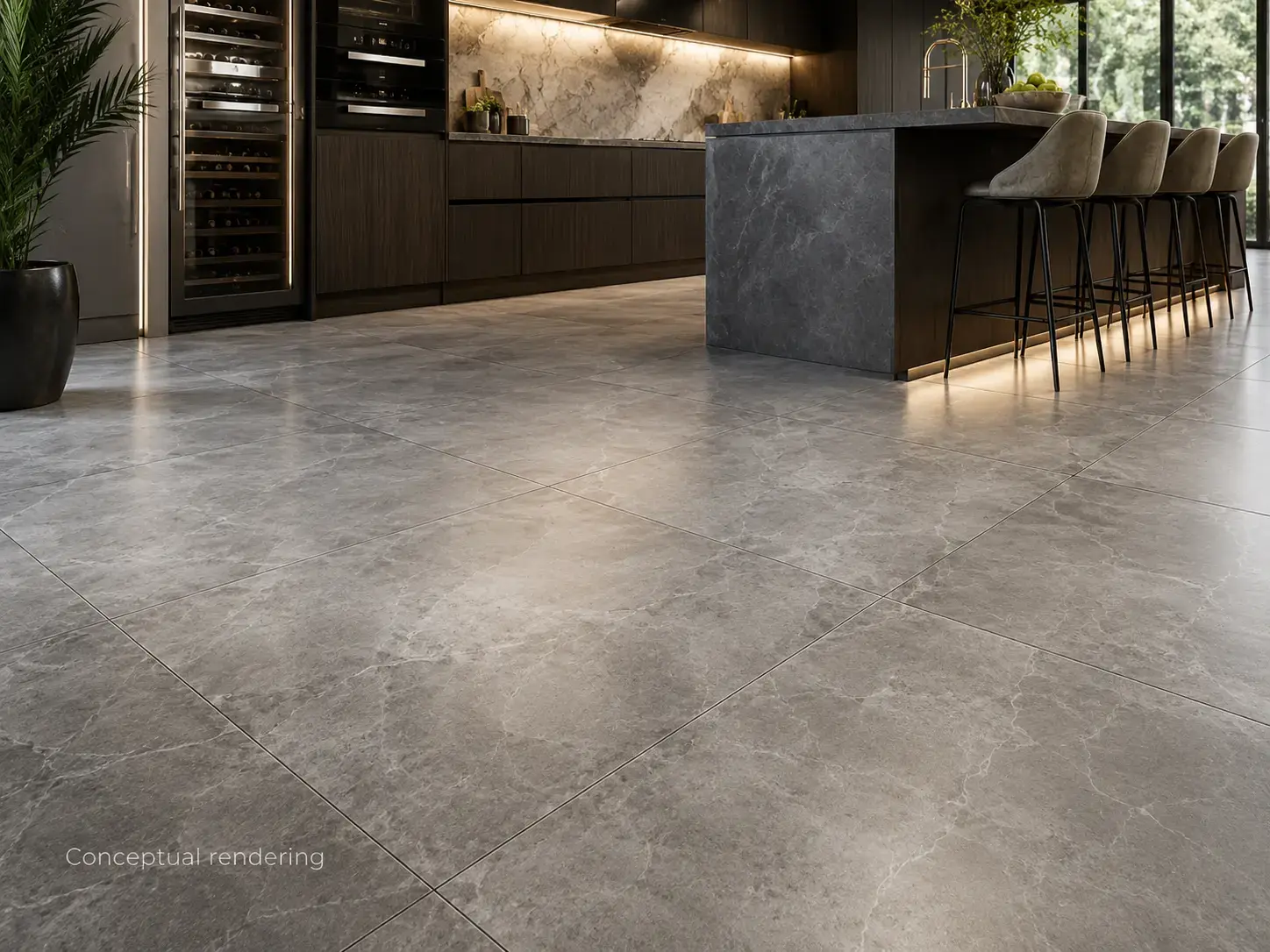 Conceptual rendering of luxury modern kitchen with porcelain tile flooring