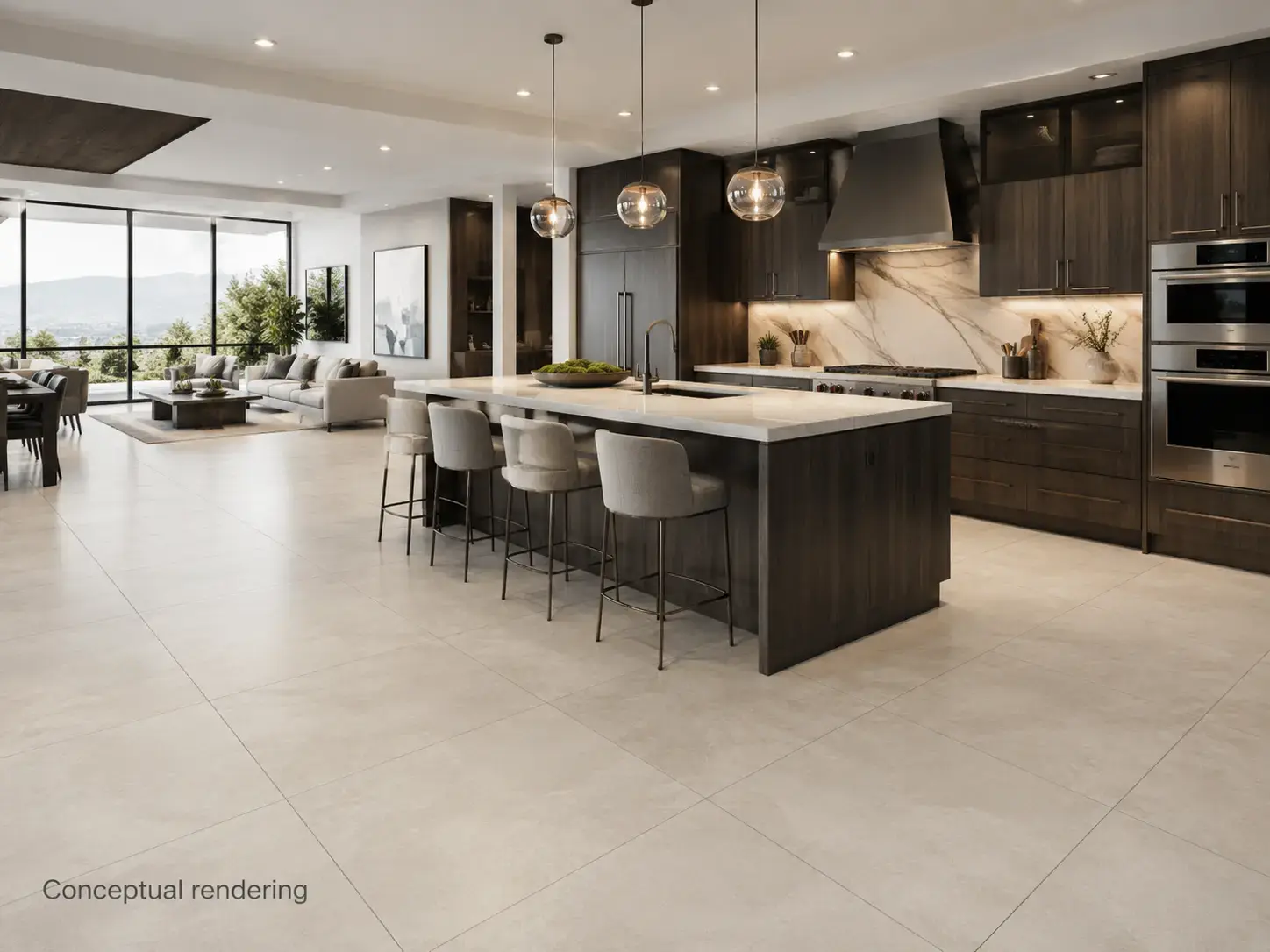 Conceptual rendering of modern luxury kitchen featuring porcelain tile flooring