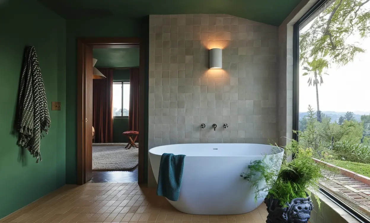 Conceptual rendering of stone look subway tile in bathroom