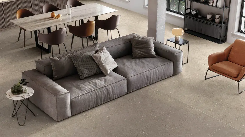 Conceptual rendering of Reno home interior with City Sidewalk 24x48 matte cement look porcelain tile flooring