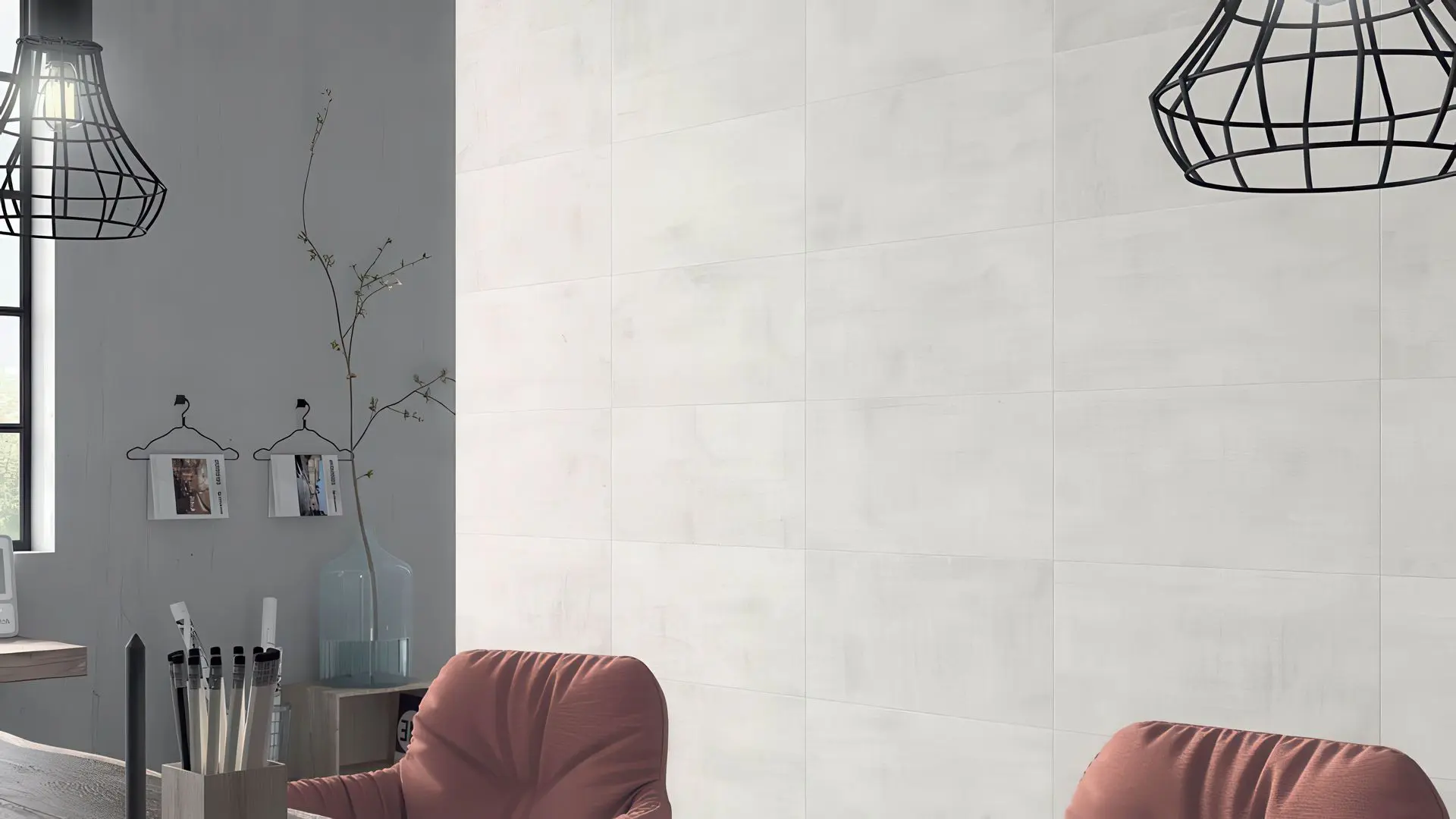 Conceptual rendering of an interior wall in Reno with Needlepoint Bianco 12x24 cement look porcelain tile