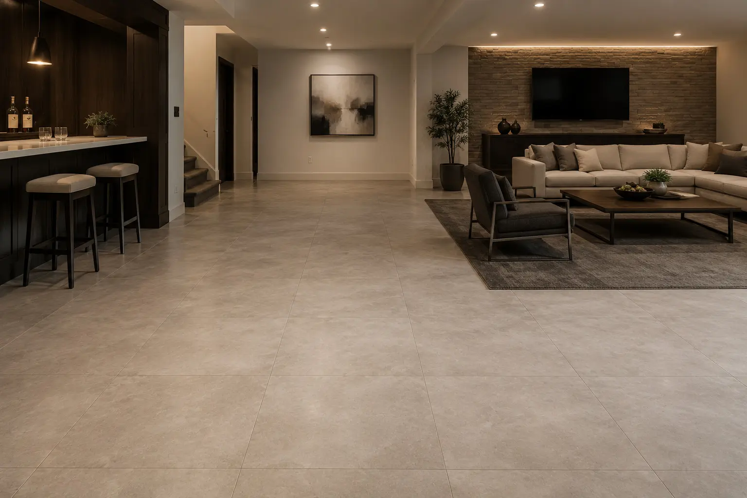 Conceptual rendering of a Porcelain Tile For Basement Floor