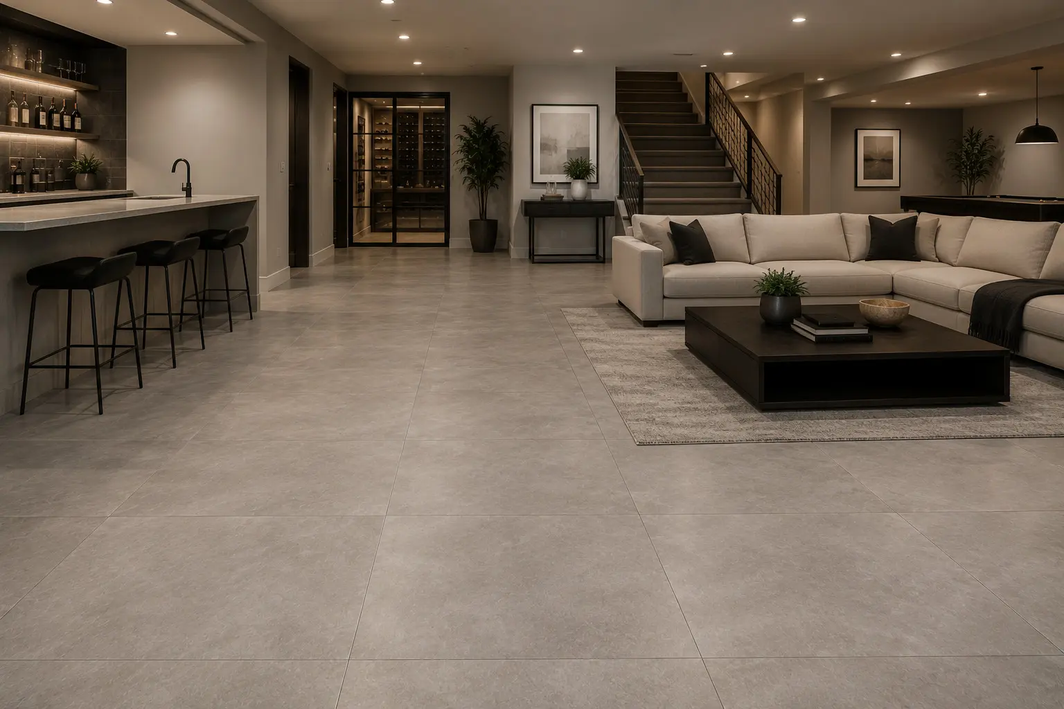 Conceptual rendering of a porcelain tile basement floor installation