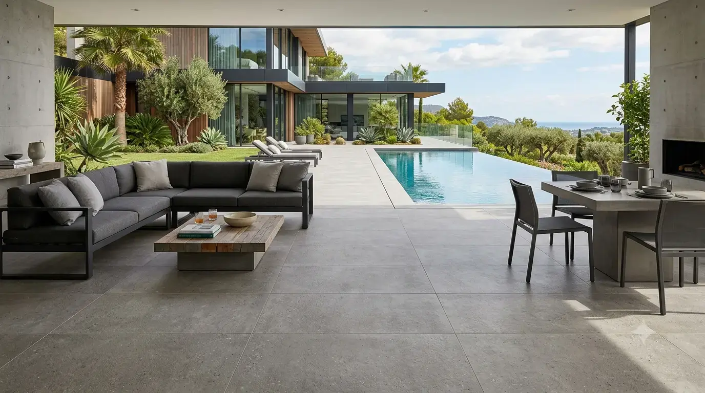 Conceptual rendering of porcelain tile in patio flooring
