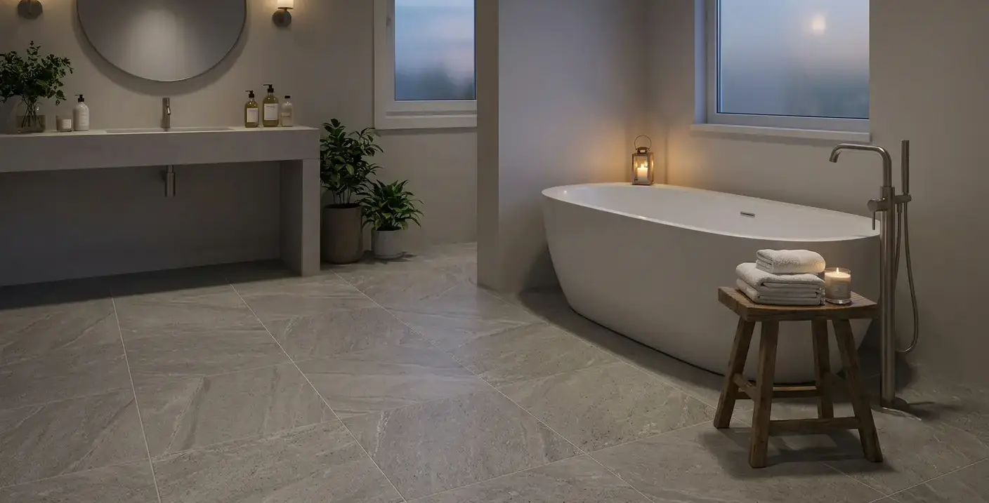Conceptual rendering of stone-look porcelain tile for bathroom floor beside a freestanding tub