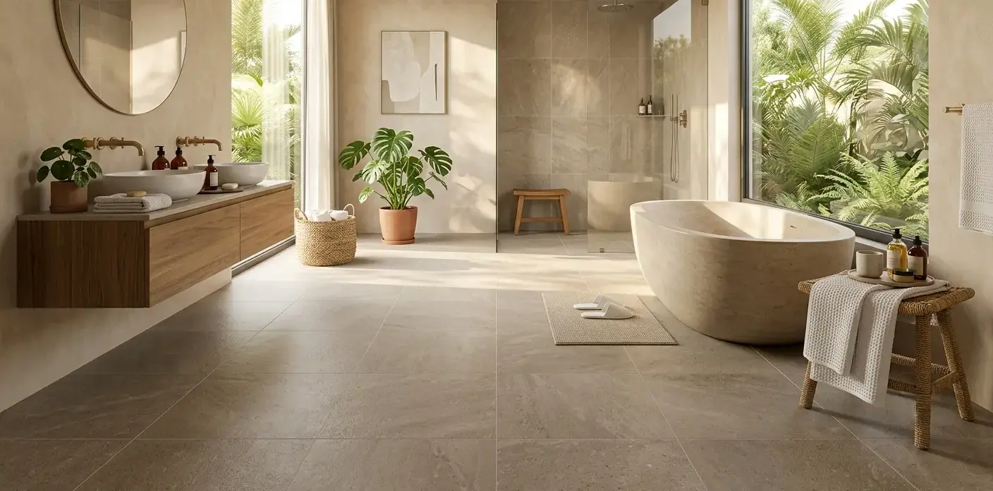 Conceptual rendering of matte porcelain tile for bathroom floor in a spa-style setting
