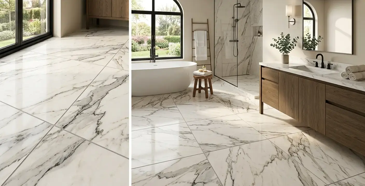 Conceptual rendering of close-up veining detail on porcelain tile for bathroom floor