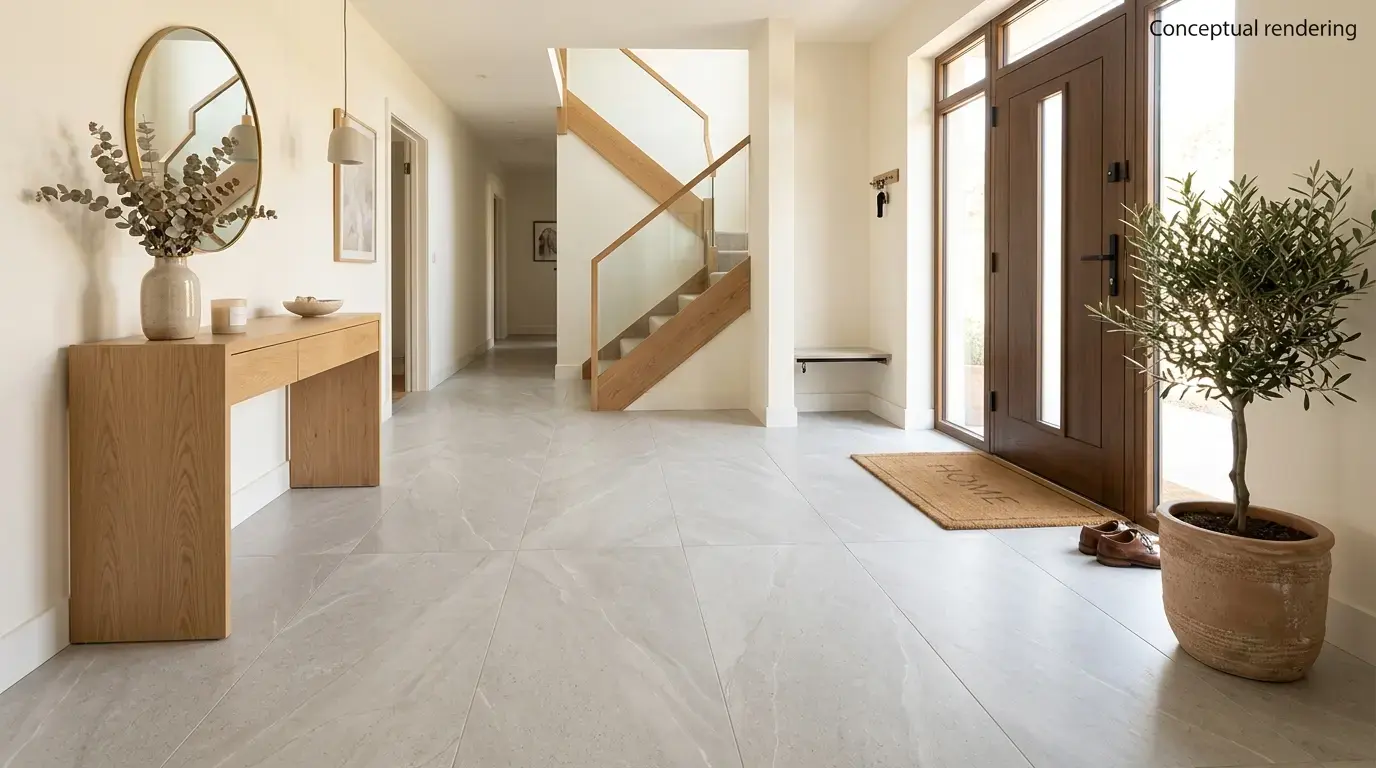 Conceptual rendering of large-format porcelain tile for entryway floor near a front door