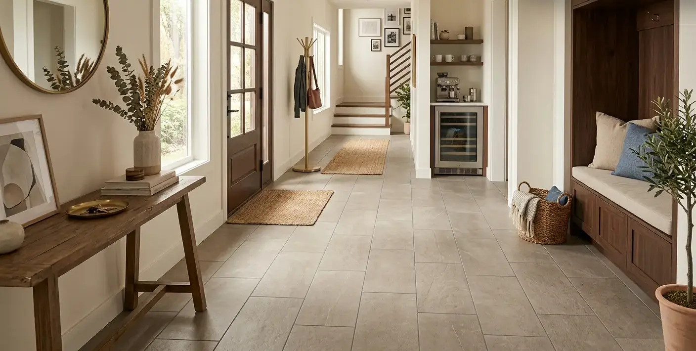 Conceptual rendering of matte porcelain tile for entryway floor in a staggered layout