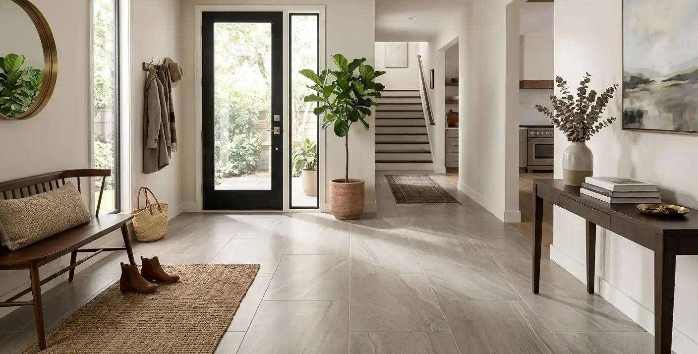 Conceptual rendering of warm greige porcelain tile for entryway floor with soft linear veining