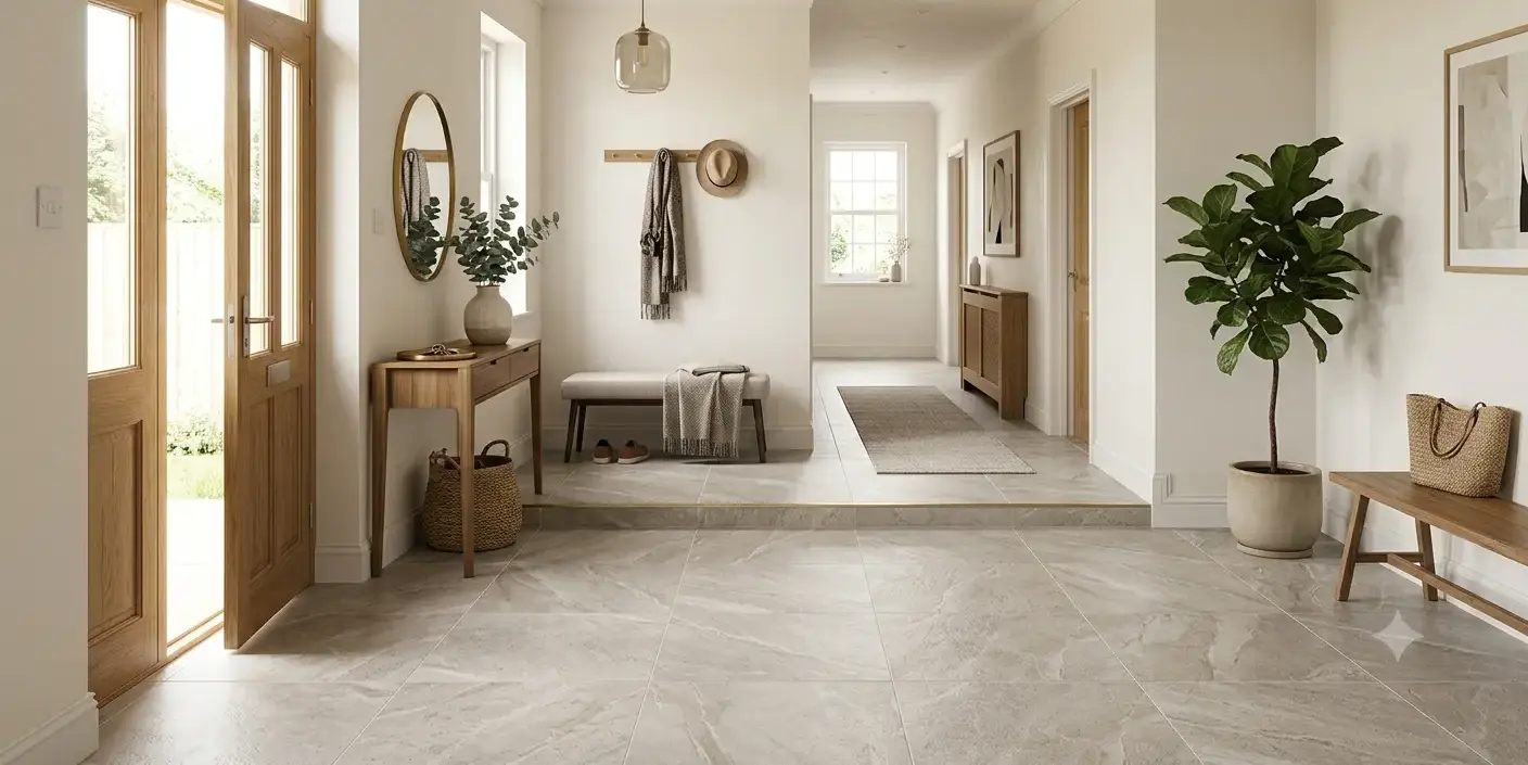 Conceptual rendering of porcelain tile for entryway floor transitioning into a hallway