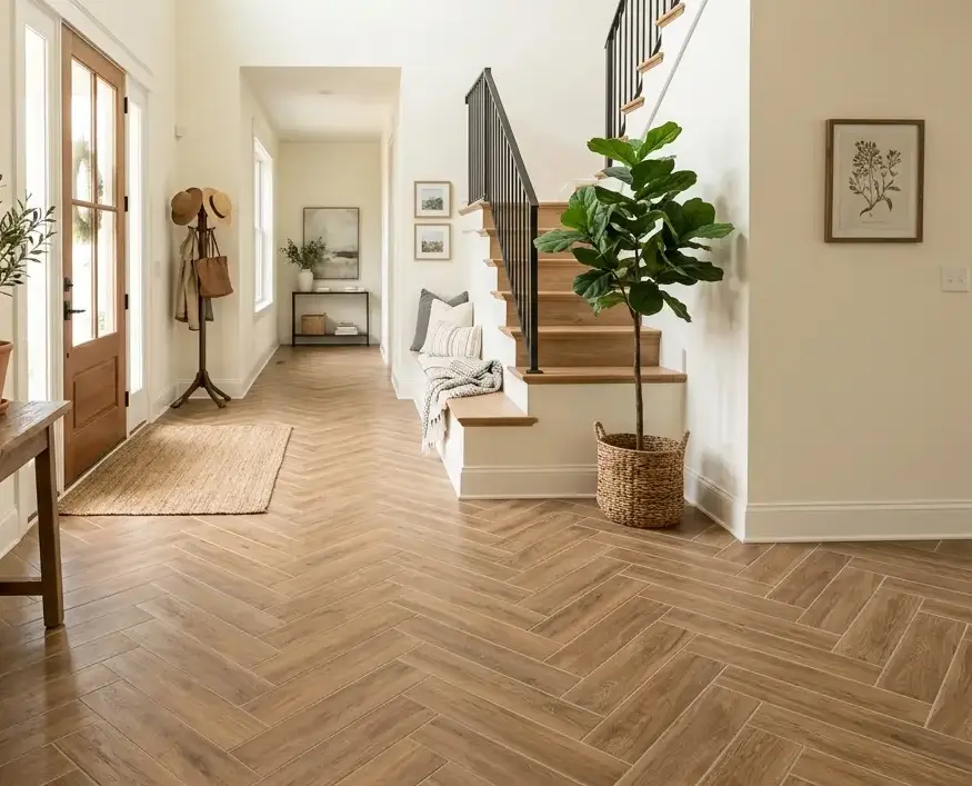 Conceptual rendering of herringbone-laid porcelain tile for entryway floor design
