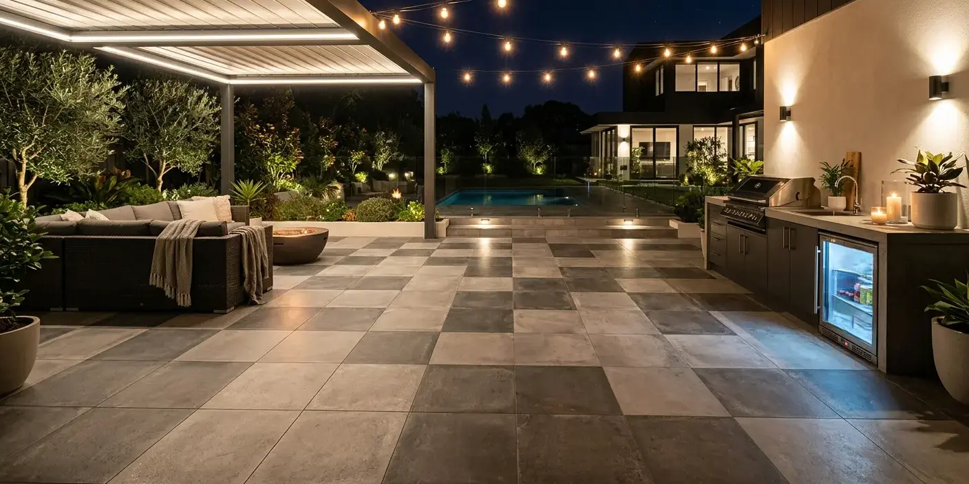 Conceptual rendering of textured porcelain tile for outdoor flooring surrounding a pool deck