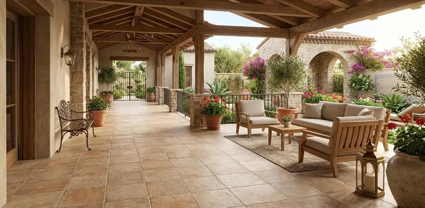 Conceptual rendering of porcelain tile for outdoor flooring along a covered hallway walkway