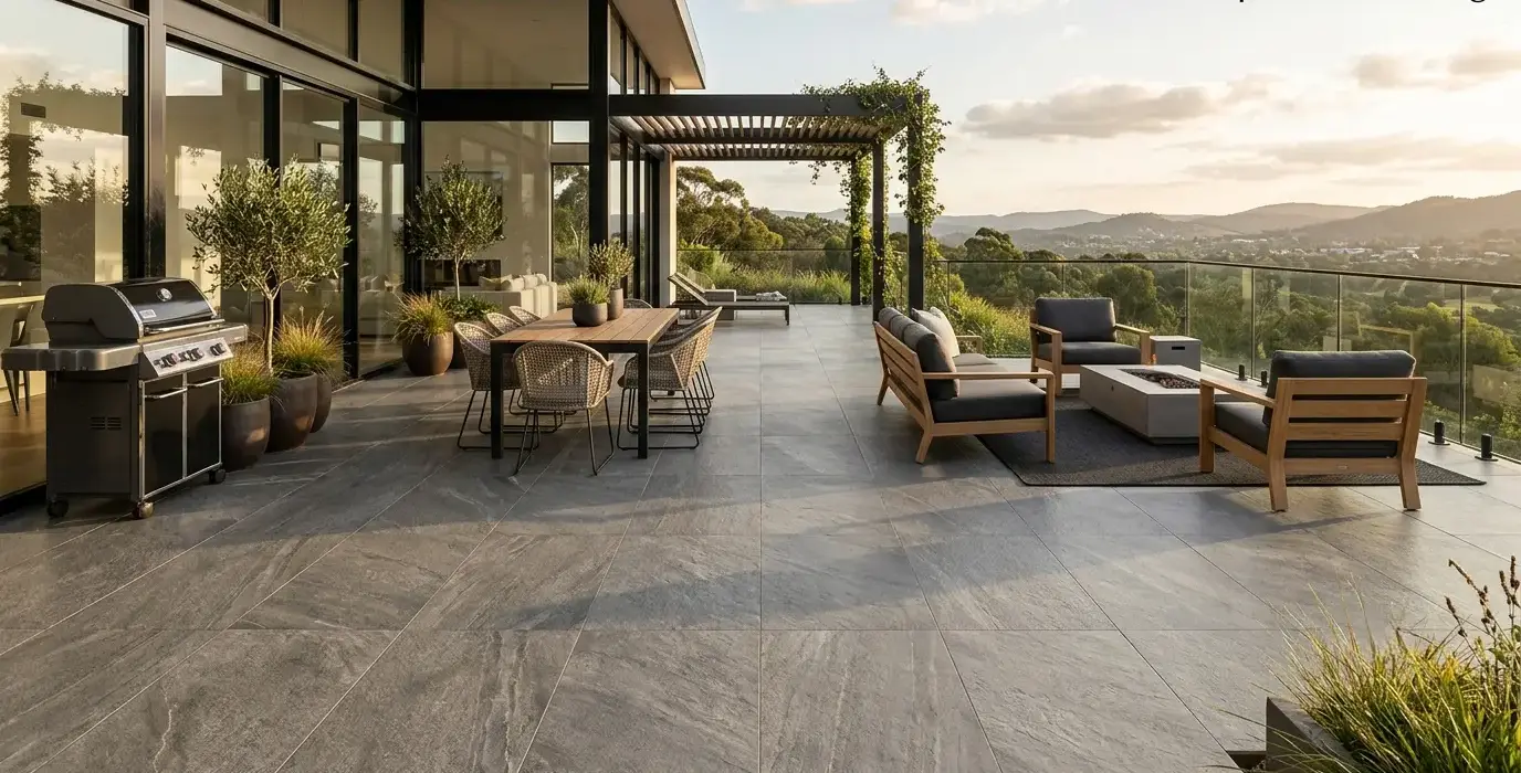 Conceptual rendering of slate grey porcelain tile for outdoor flooring on a modern patio