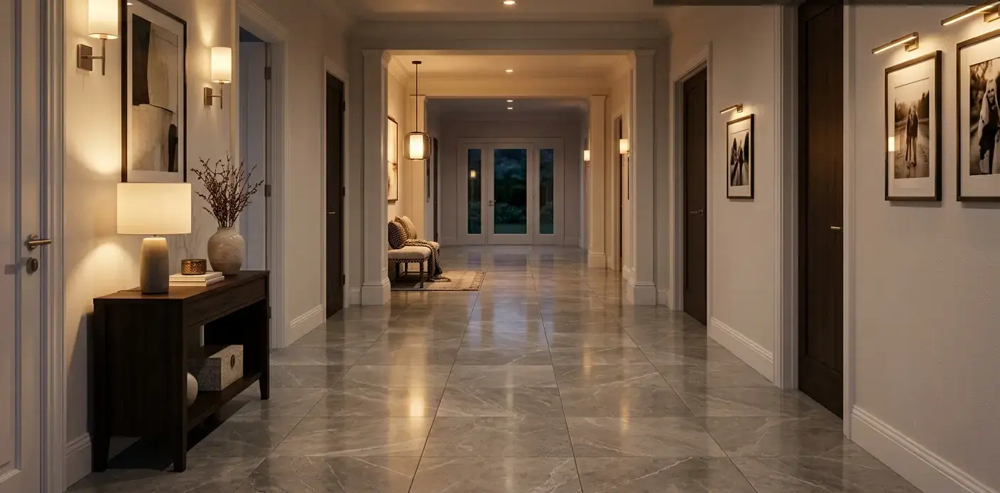 Conceptual rendering of porcelain floor tile along a hallway floor