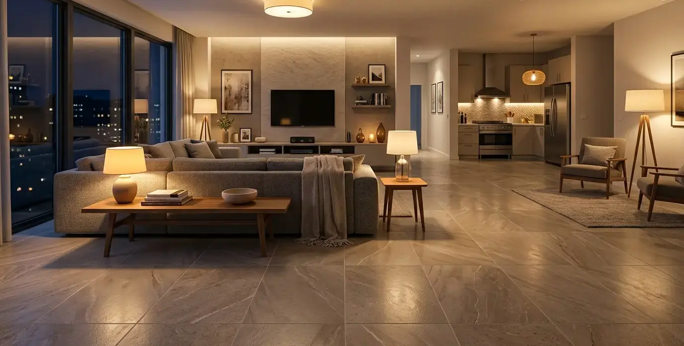 Conceptual rendering of porcelain floor tile in a bright living room