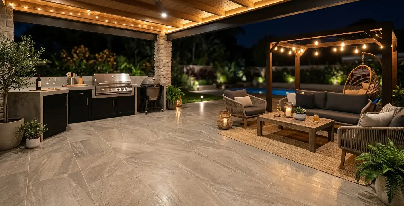 Conceptual rendering of porcelain floor tile on a covered patio