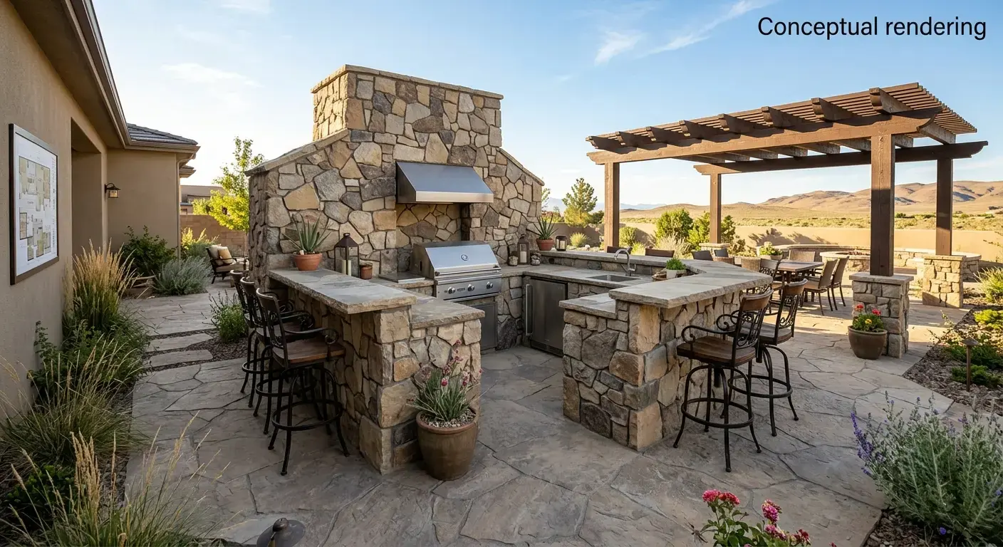 Conceptual rendering of outdoor stone ideas for Fernley outdoor kitchen with stone surround