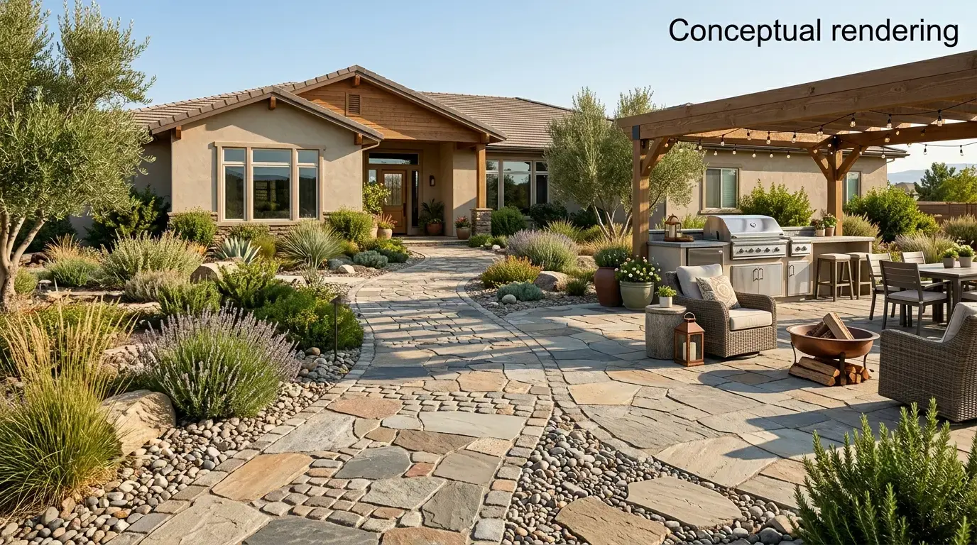 Conceptual rendering of outdoor stone ideas for Fernley walkway with mixed natural stone