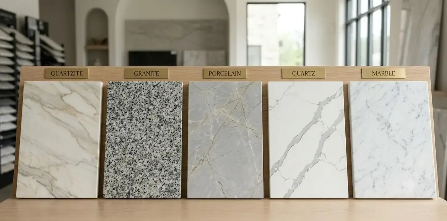 Quartzite, granite, porcelain, quartz and marble stone samples
