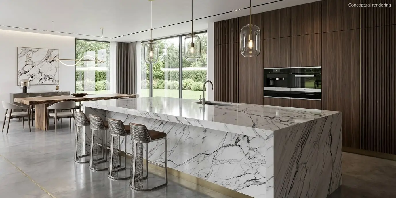 Conceptual rendering of modern kitchen featuring a polished marble countertop island