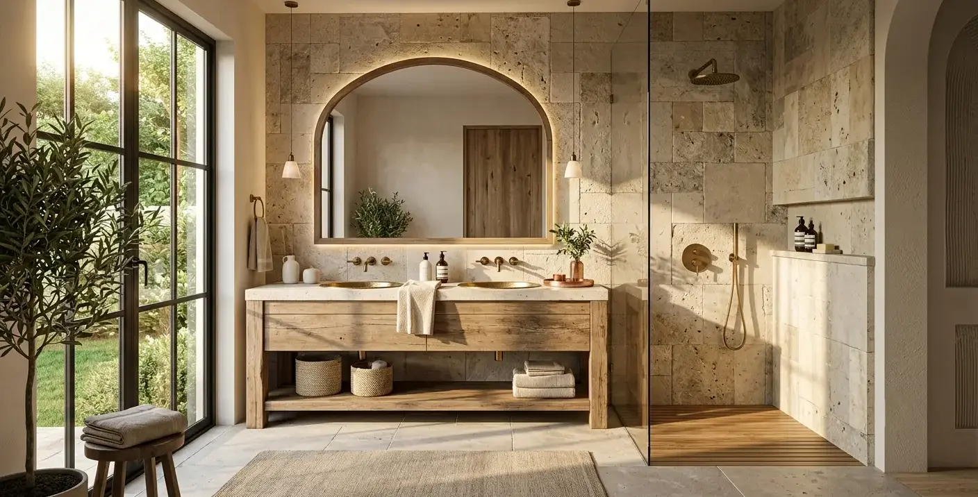 Conceptual rendering of a stone-tiled bathroom vanity and shower surround