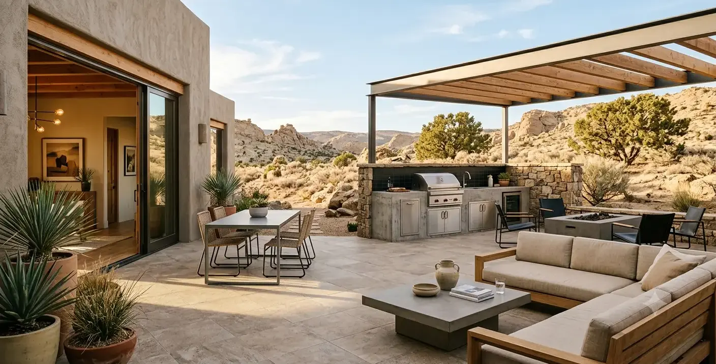 Conceptual rendering of a porcelain-paved outdoor patio in a high desert setting