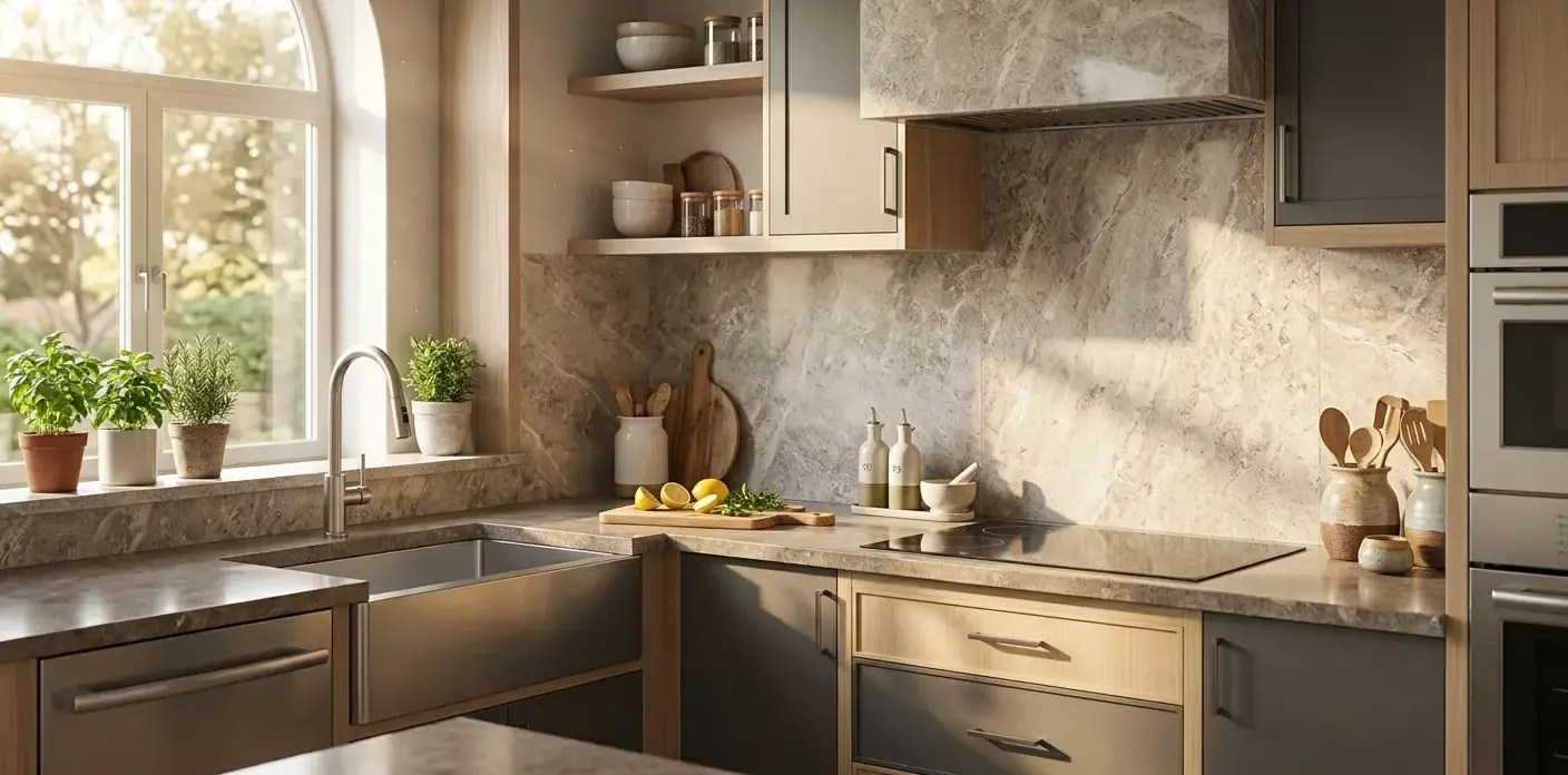 Conceptual rendering of a porcelain tile kitchen backsplash with stone countertops