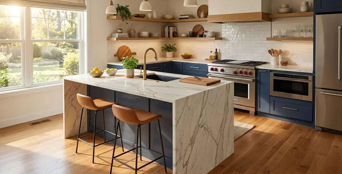 Conceptual rendering of a waterfall quartzite slab edge detail reflecting current Fernley kitchen design trends