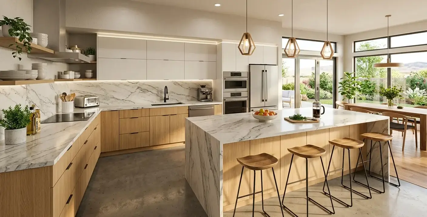 Conceptual rendering of a Fernley kitchen design trend featuring quartzite countertops paired with flat-panel modern cabinetry