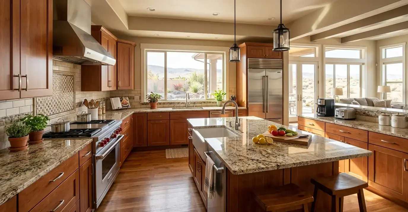 Conceptual rendering of a Fernley kitchen with polished granite countertops and a tile backsplash