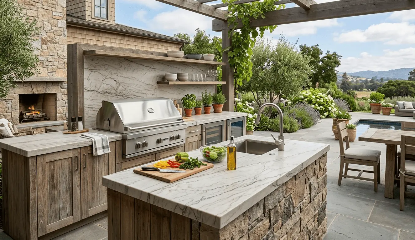 Conceptual rendering of outdoor Mont Blanc quartzite slab for countertop in Reno patio