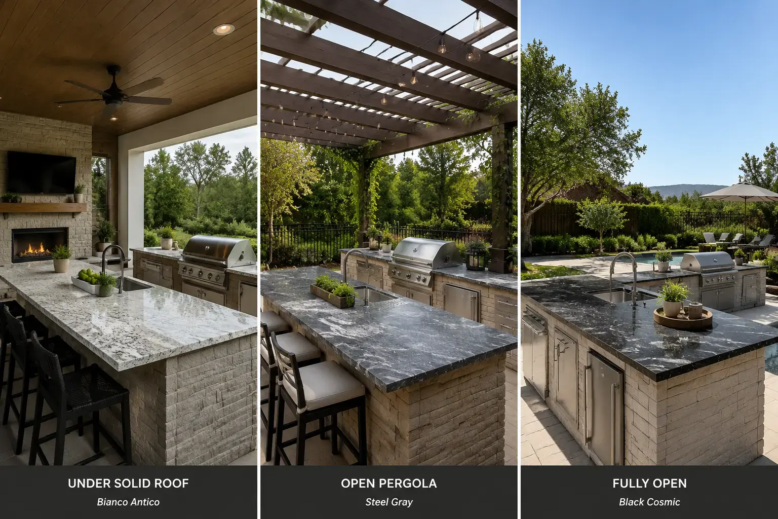 Conceptual rendering of outdoor kitchens with granite countertops under a solid roof, pergola, and fully open