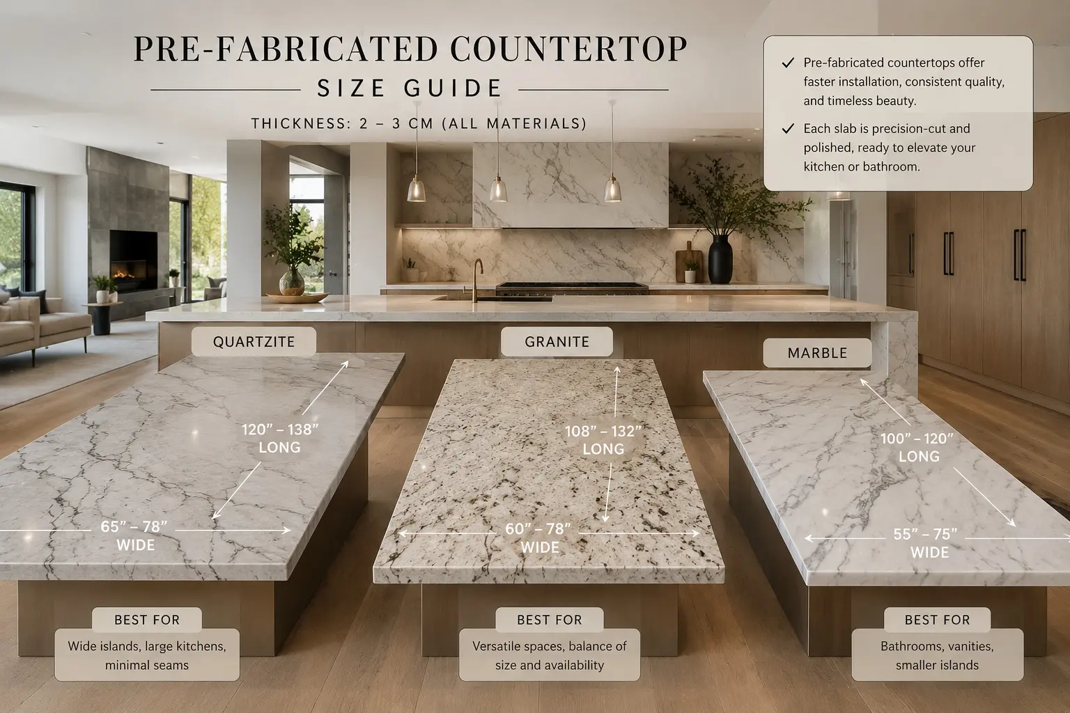 Conceptual rendering of a Pre-fabricated countertops in different sizes