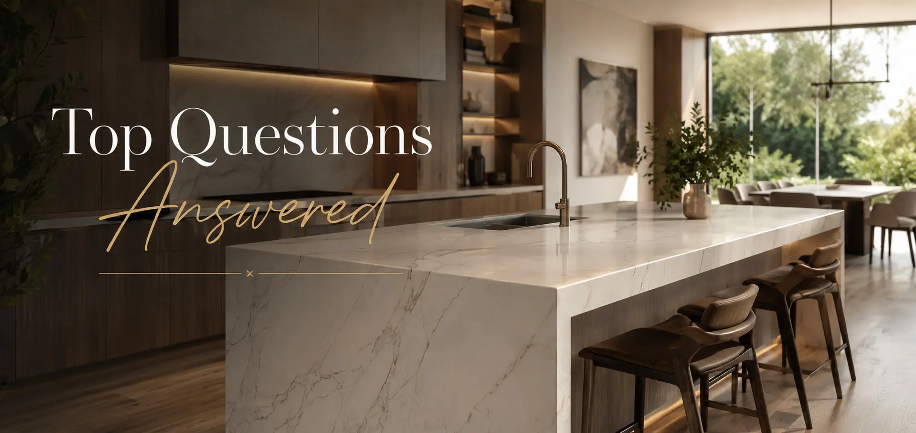 Conceptual rendering of a Pre-fabricated marble waterfall-edge countertop on modern kitchen island