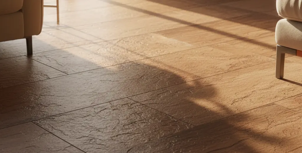 Conceptual rendering of textured chestnut porcelain tile close-up showcasing surface detail and natural color variation installed as a flooring in Reno, NV